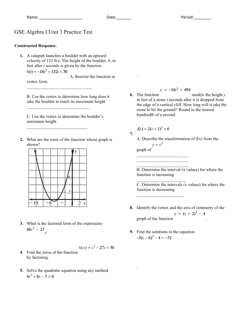 GSE Algebra I Unit 3 Practice Test