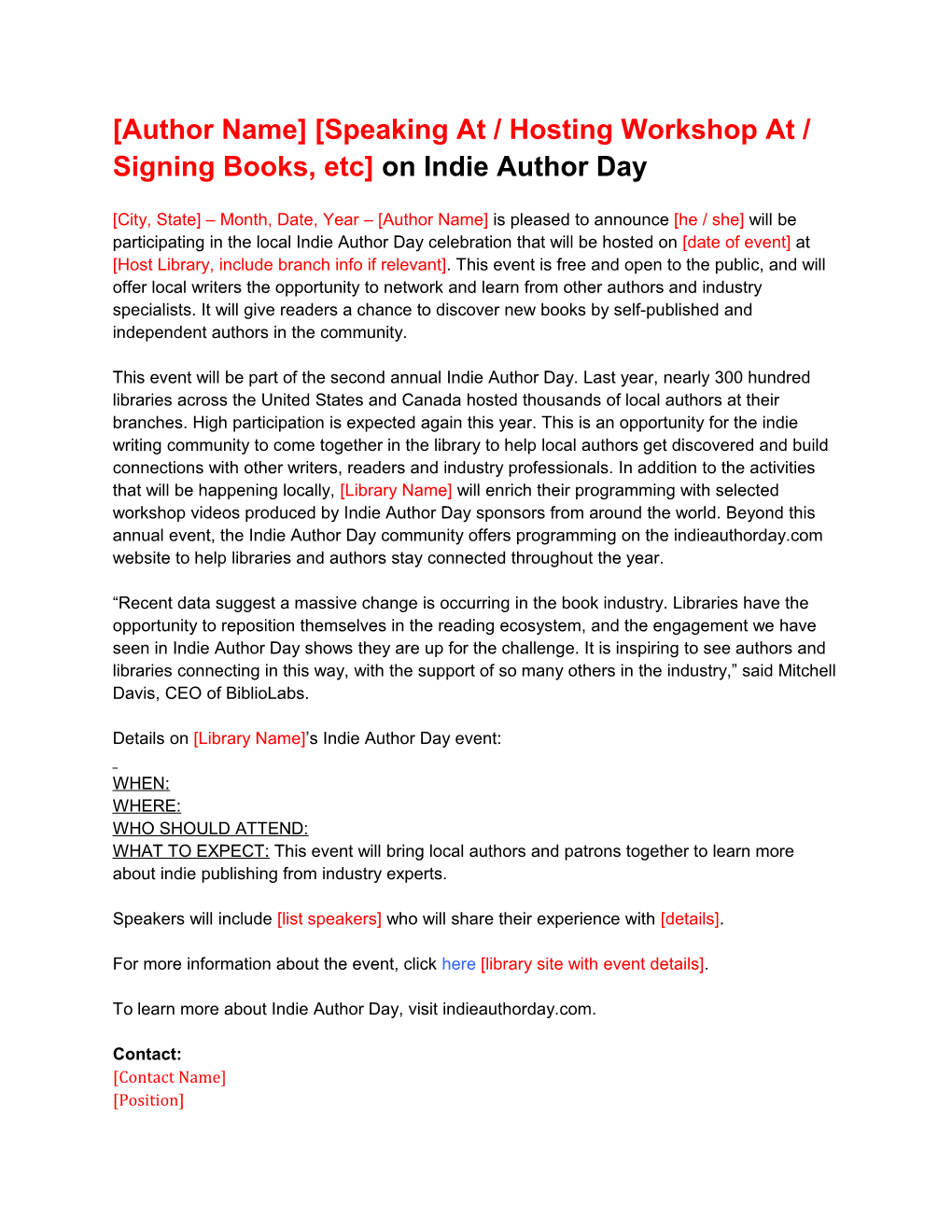 Author Name Speaking at / Hosting Workshop at / Signing Books, Etc on Indie Author Day