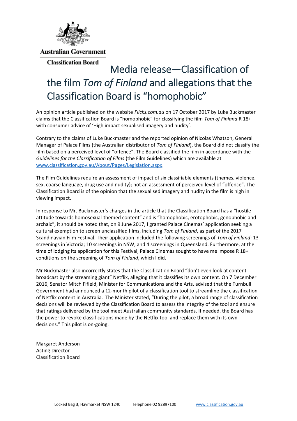 Media Release Classification of the Film Tom of Finland and Allegations That the Classification