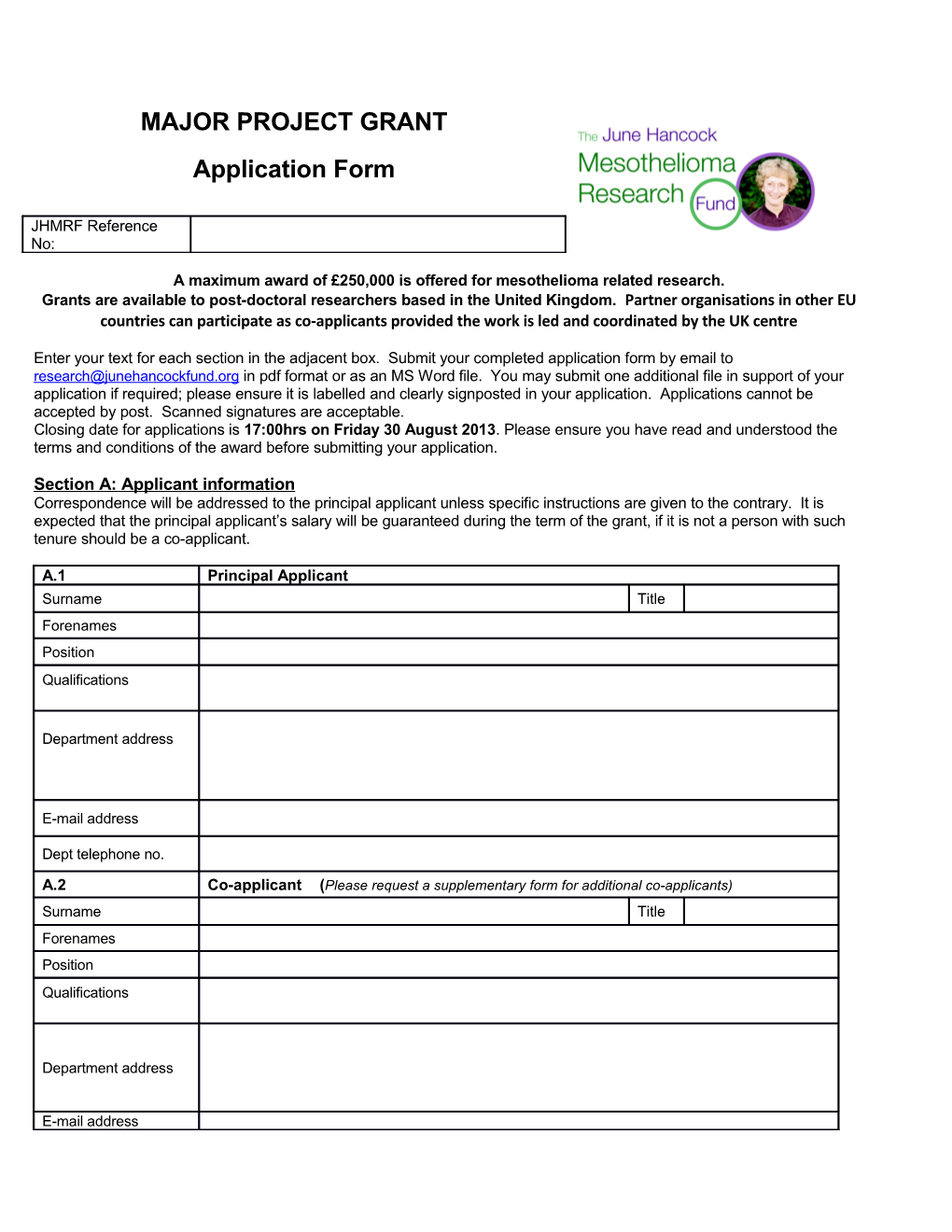 JHMRF Application Form: Major Project Grant