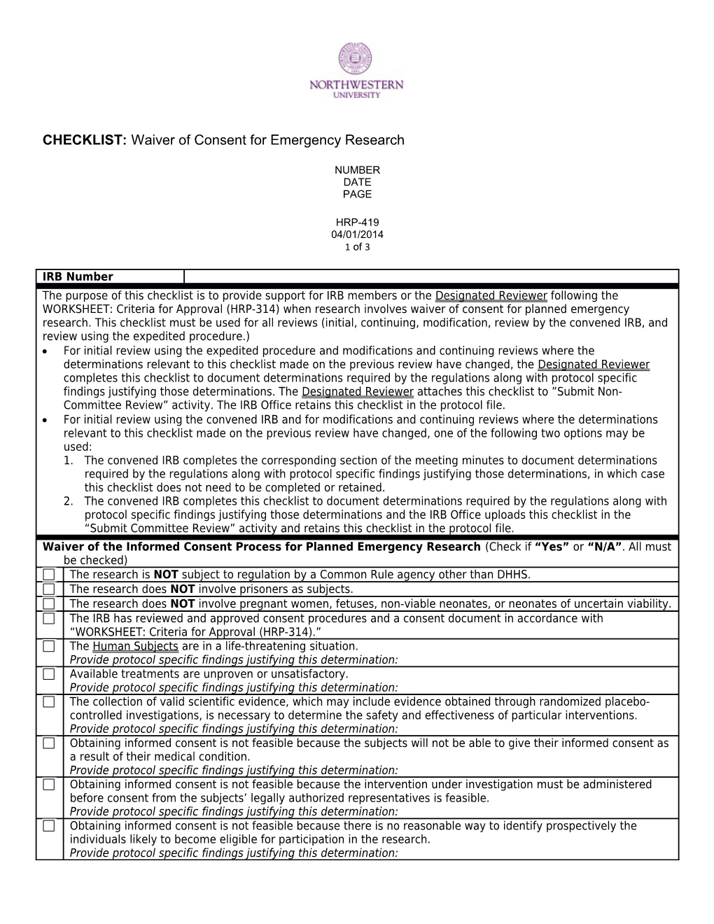 CHECKLIST: Waiver of Consent for Emergency Research