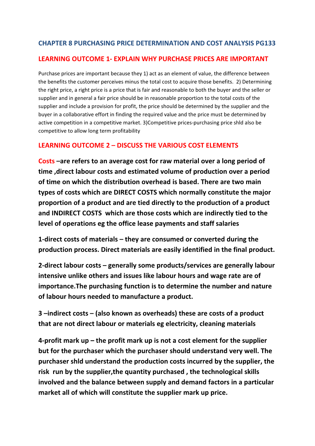 Chapter 8 Purchasing Price Determination and Cost Analysis Pg133