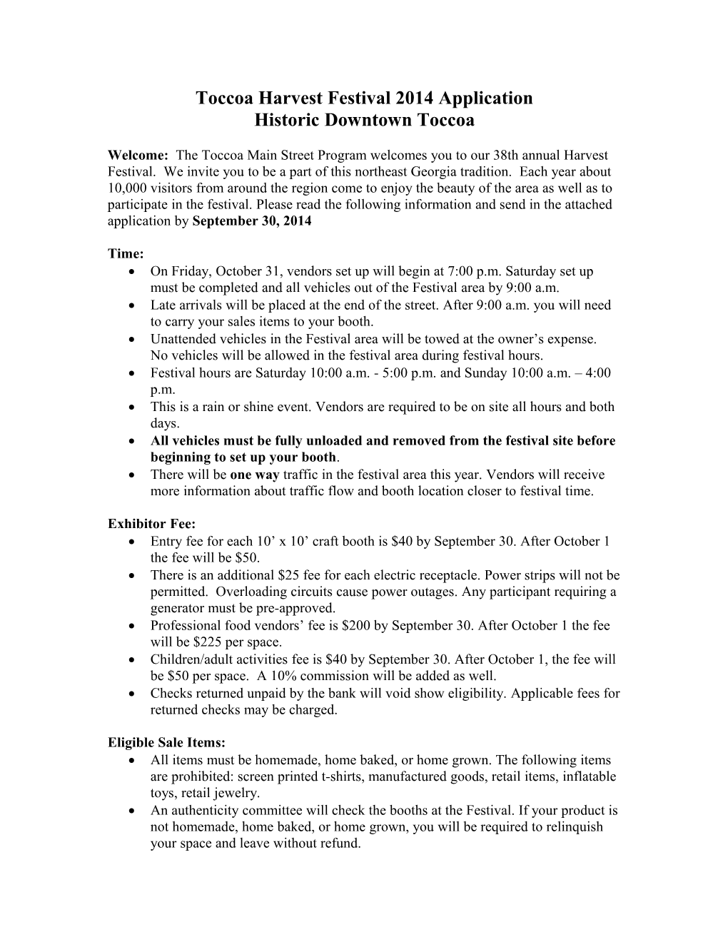 Toccoa Harvest Festival 2009 Application