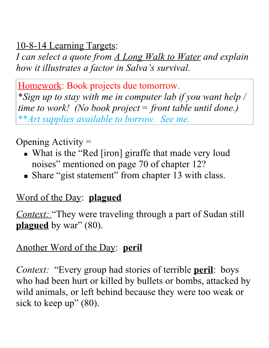 10-8-14 Learning Targets