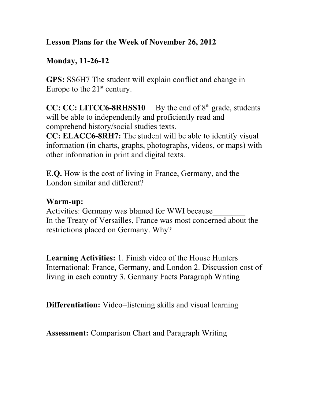 Lesson Plans for the Week of November 26, 2012