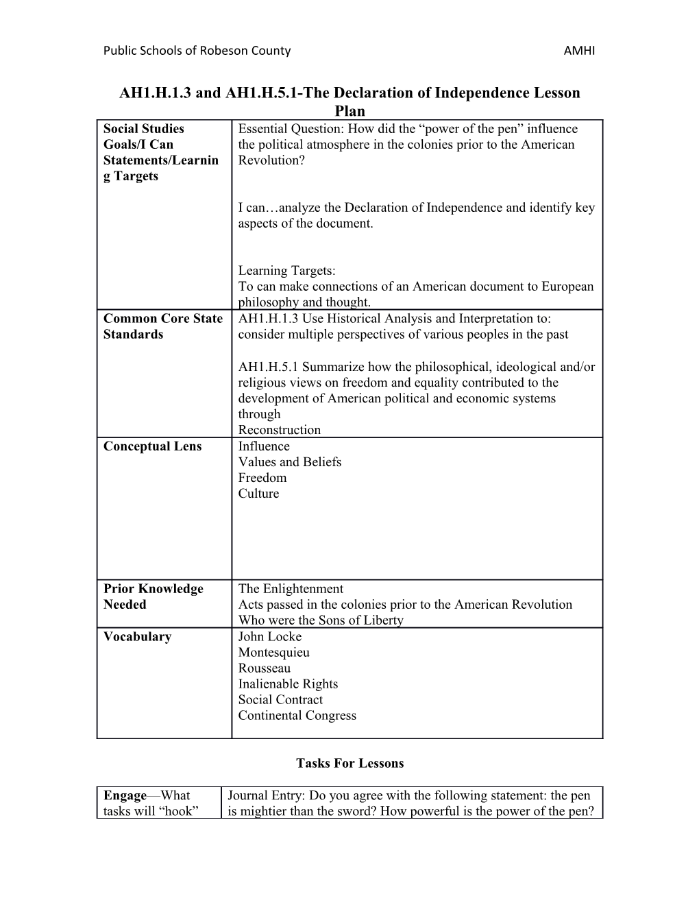 AH1.H.1.3 and AH1.H.5.1-The Declaration of Independence Lesson Plan