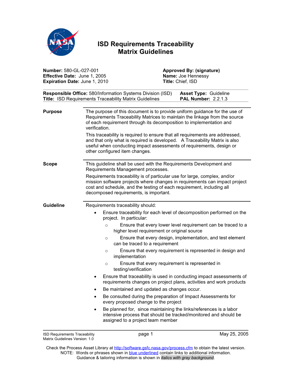 Requirements Traceability Matrix Guidelines