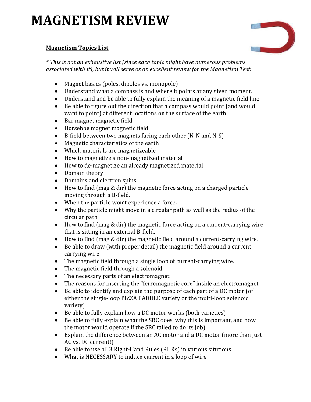 Magnetism Topics List