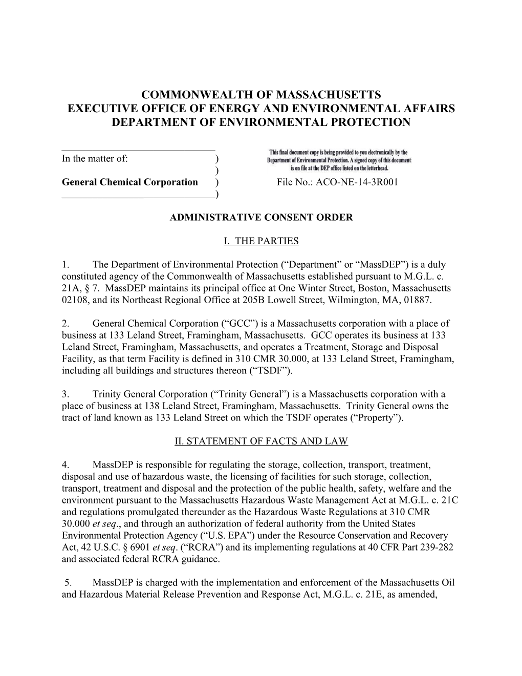 Administrative Consent Order General Chemical Corporation