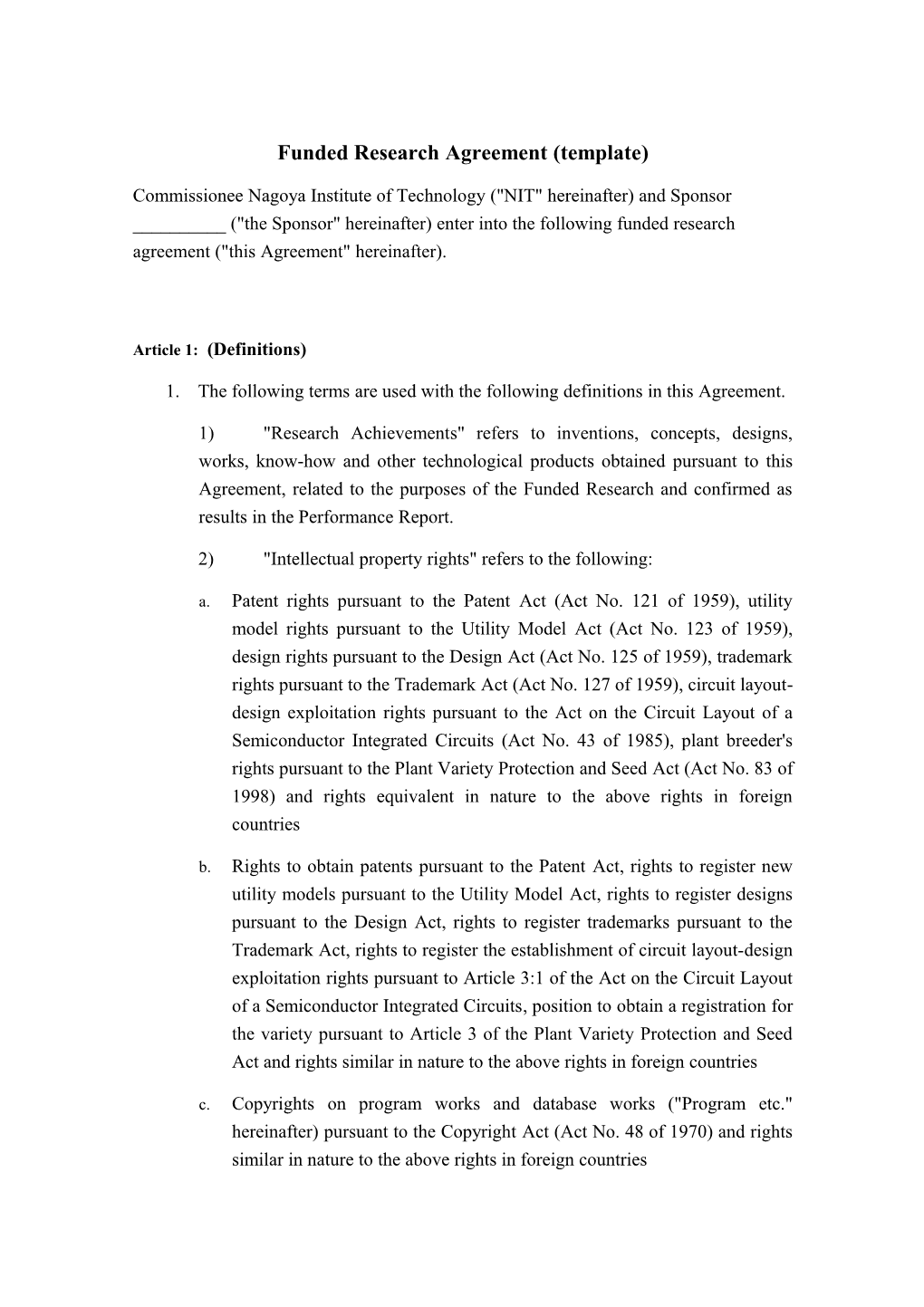 Funded Research Agreement (Template)