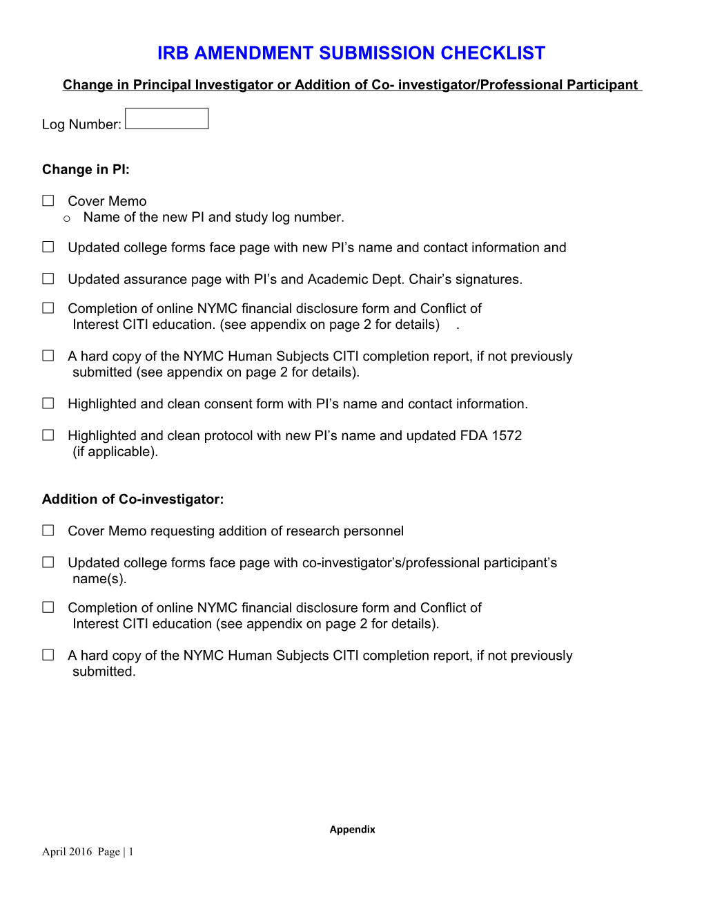 Irb Amendment Submission Checklist