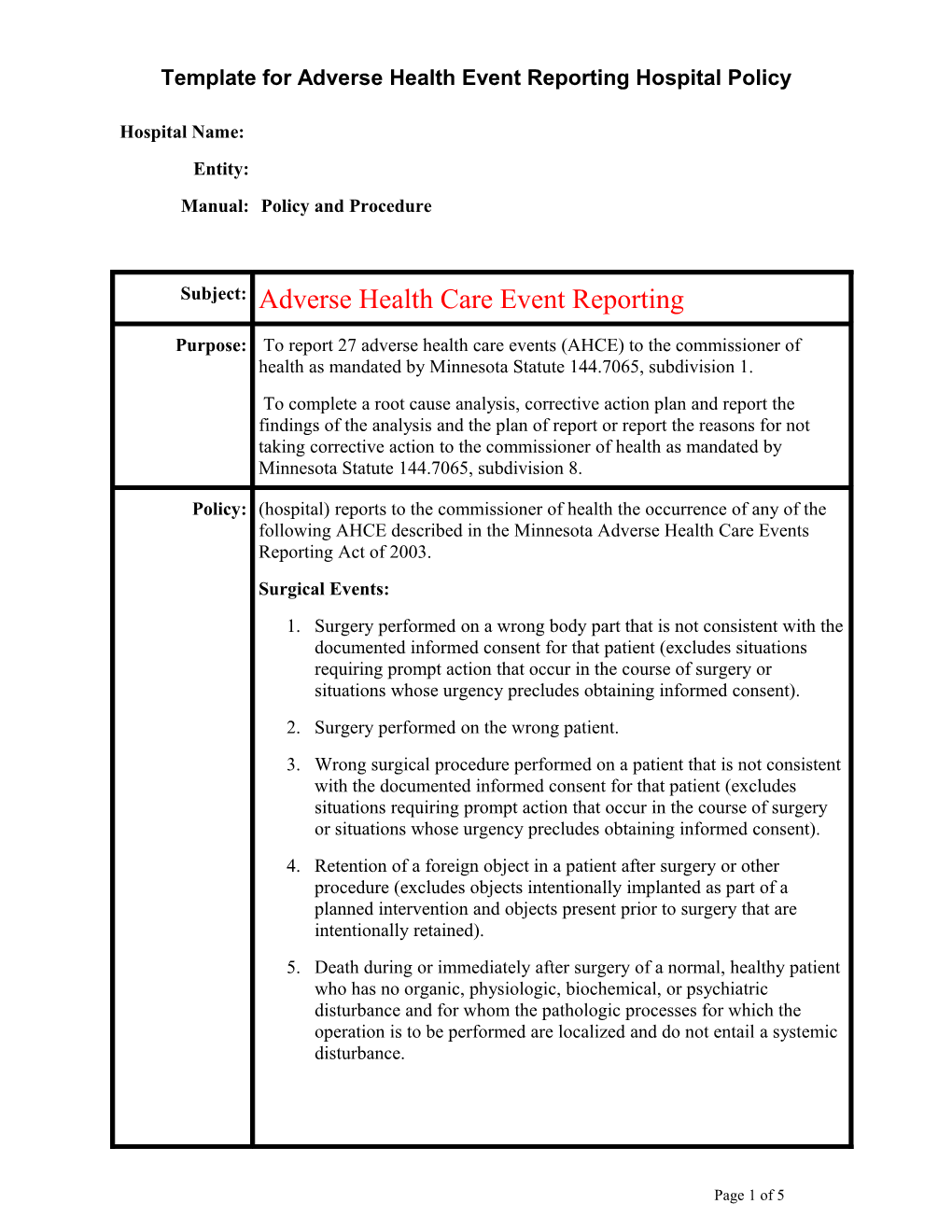 Template for Adverse Health Event Reporting Hospital Policy