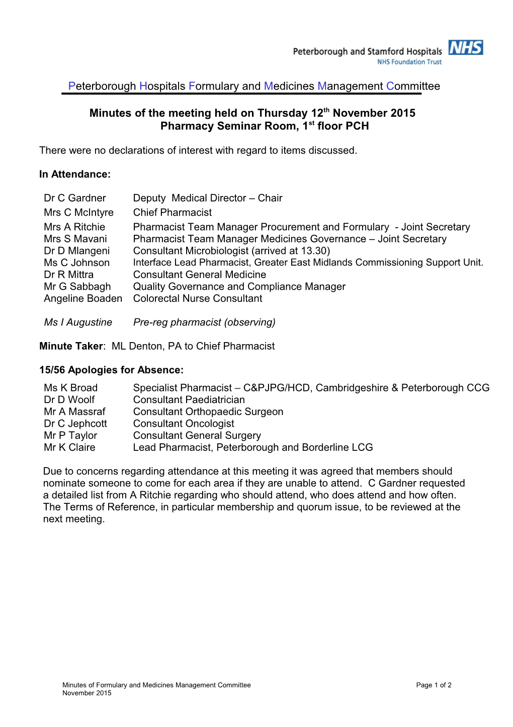 Minutes of the Meeting Held on Thursday 12Th November 2015