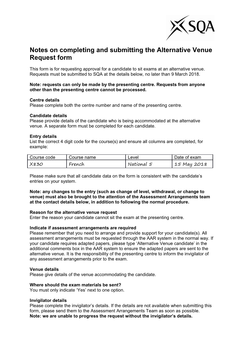 Notes on Completing and Submitting the Alternative Venue Request Form