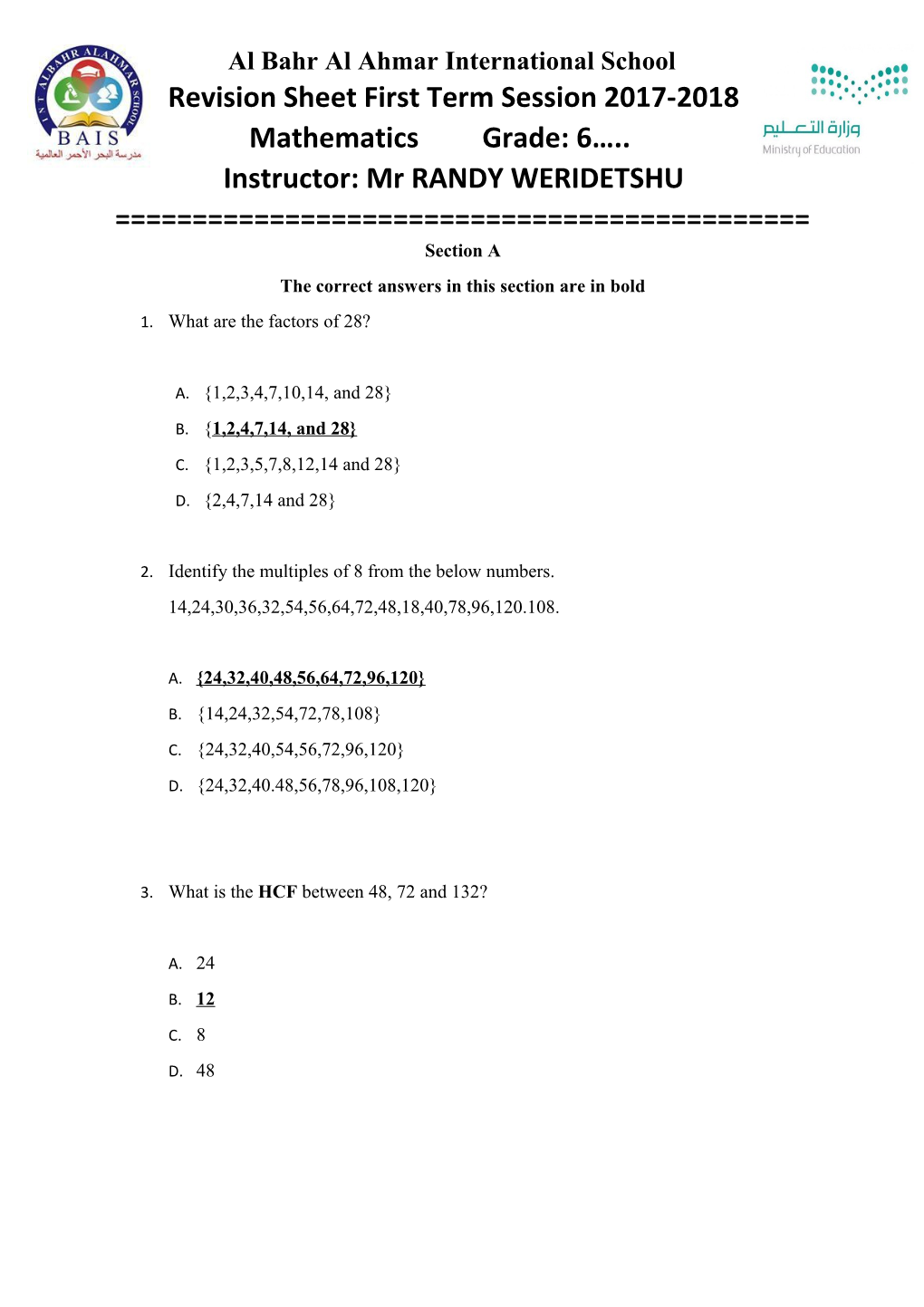 Revision Sheet First Term Session 2017-2018