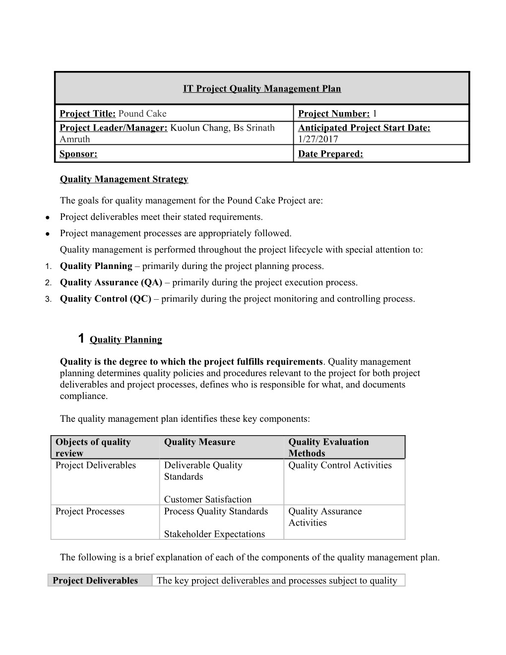 IT Project Quality Management Plan