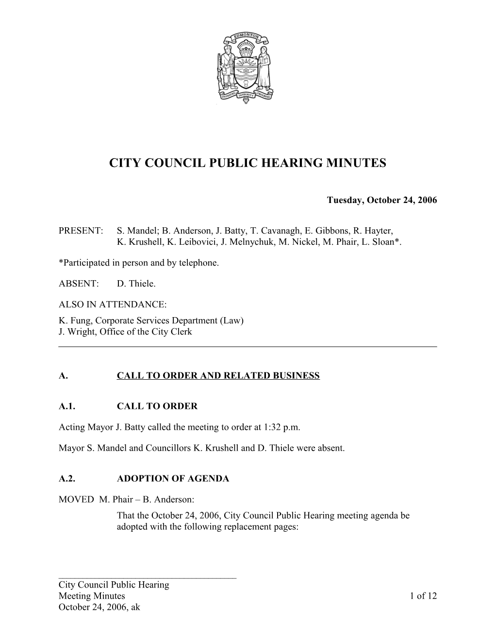 Minutes for City Council October 24, 2006 Meeting