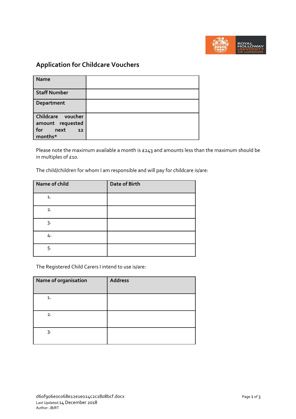Application for Childcare Vouchers