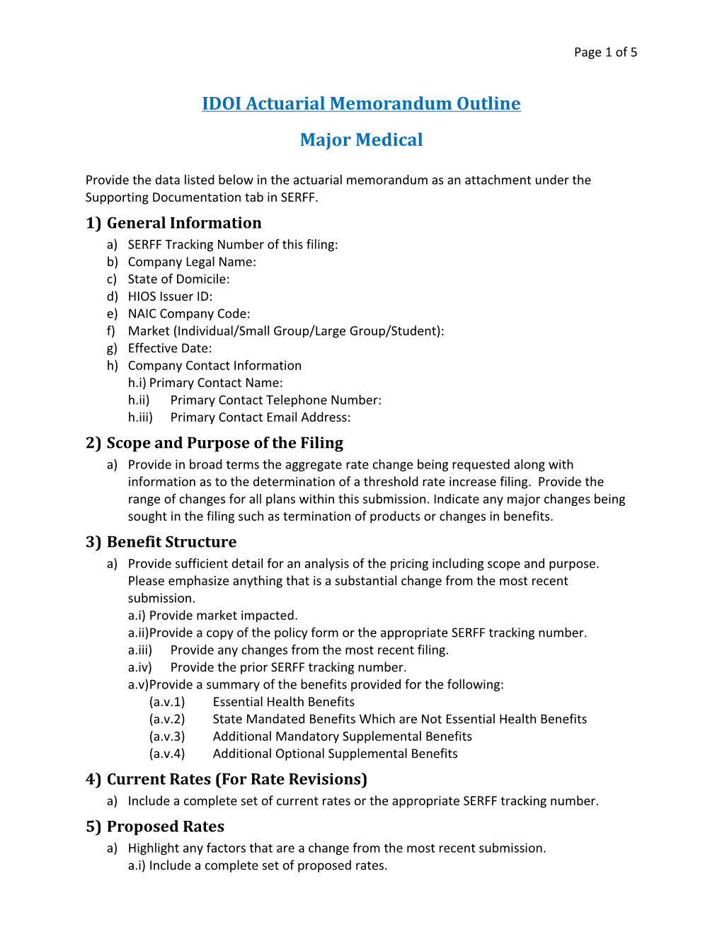 IDOI Actuarial Memorandum Outline: Major Medicalpage 1 of 5
