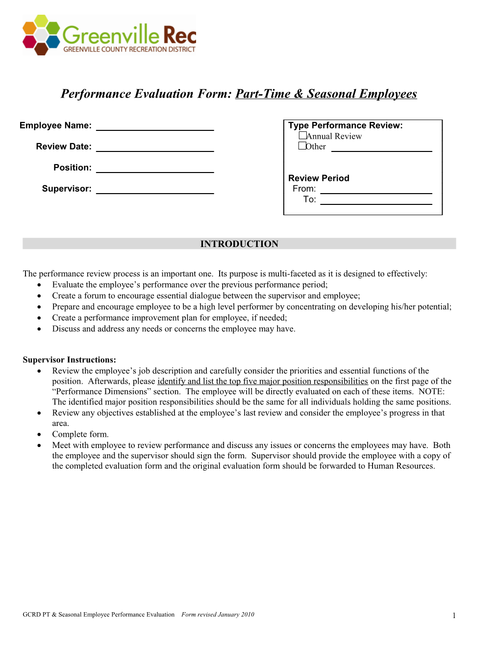 Performance Evaluation Form: Part-Time & Seasonal Employees