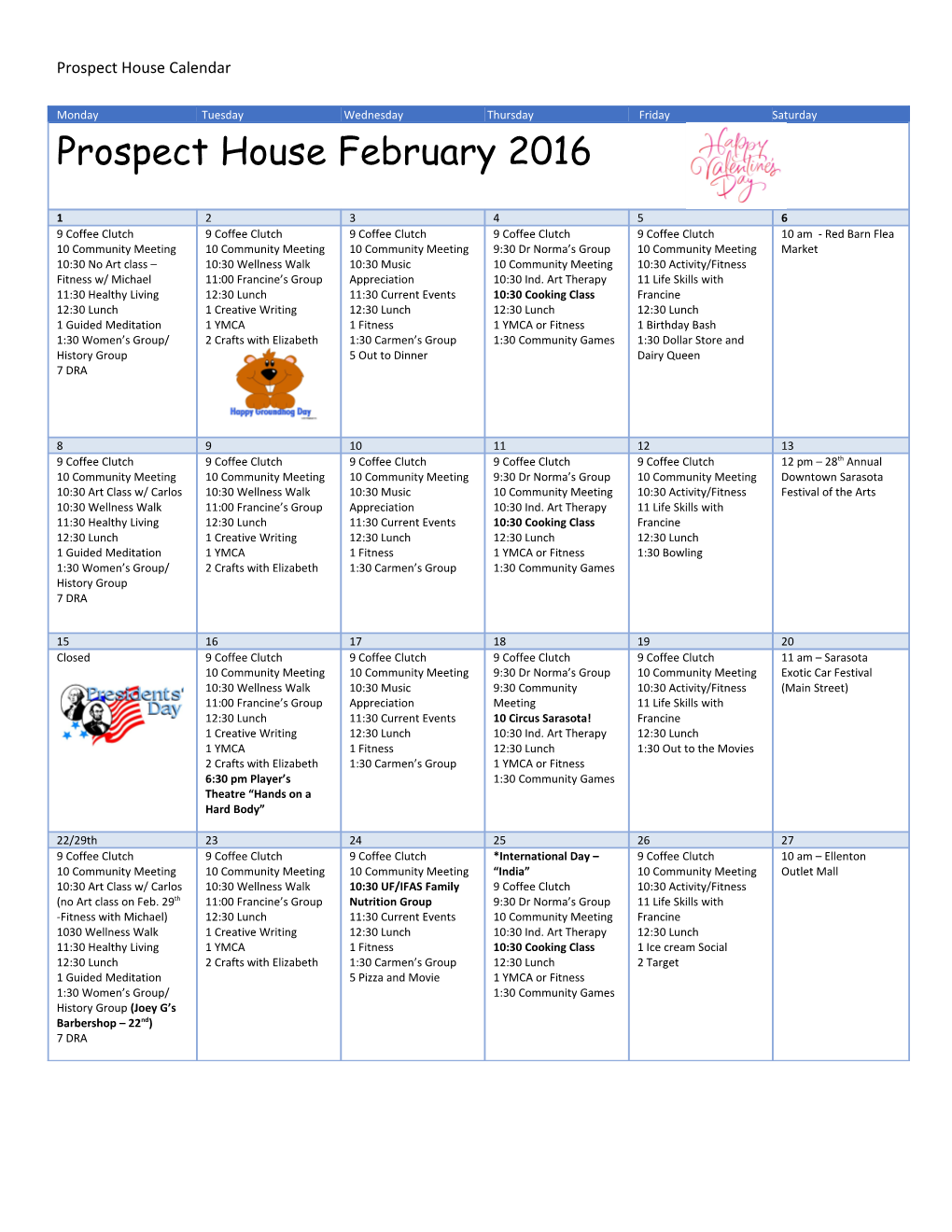 Prospect House Calendar