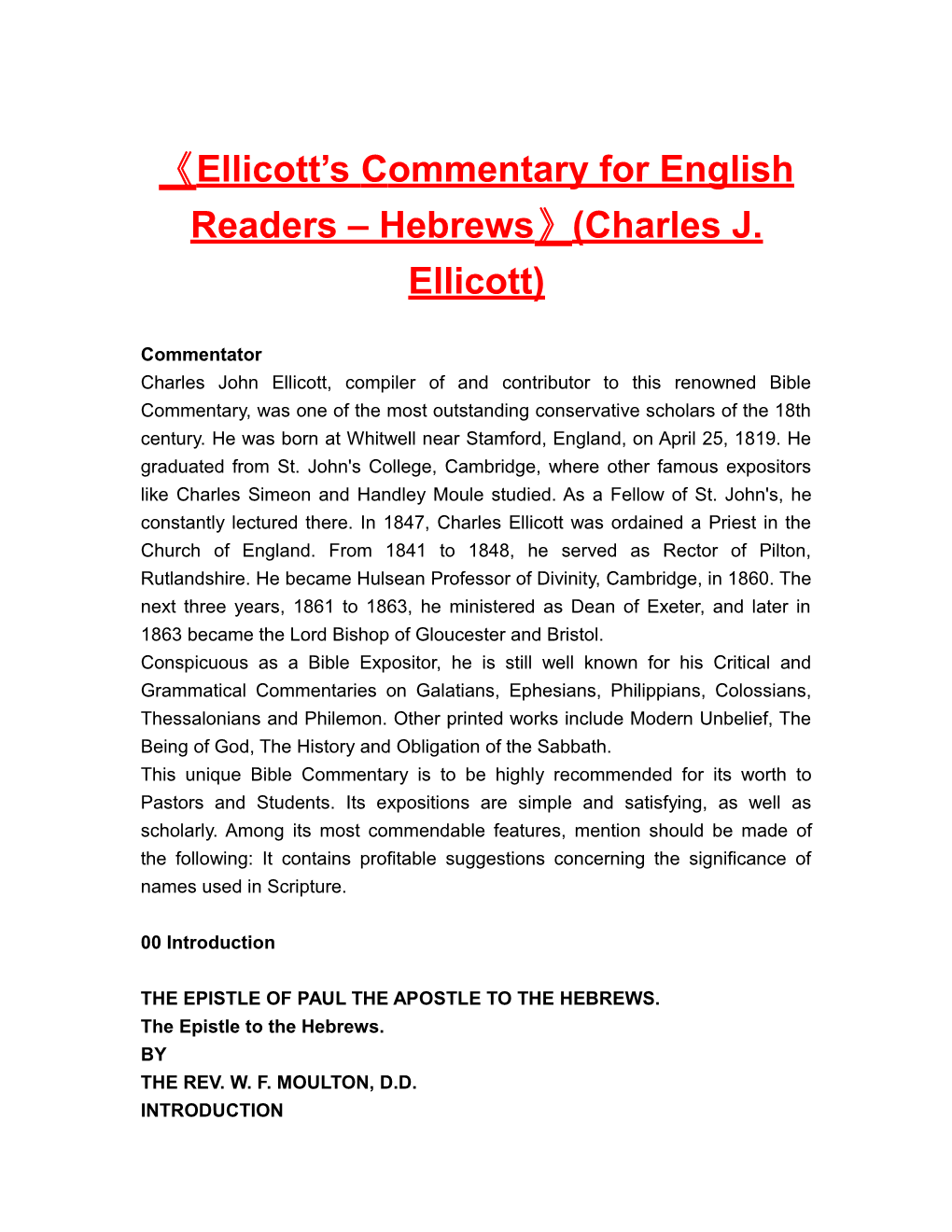 Ellicott Scommentary for English Readers Hebrews (Charles J. Ellicott)