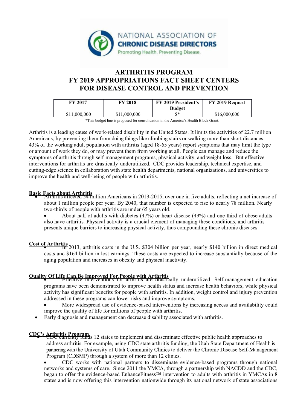 Fy2019appropriations Fact Sheet Centers Fordisease Control Andprevention