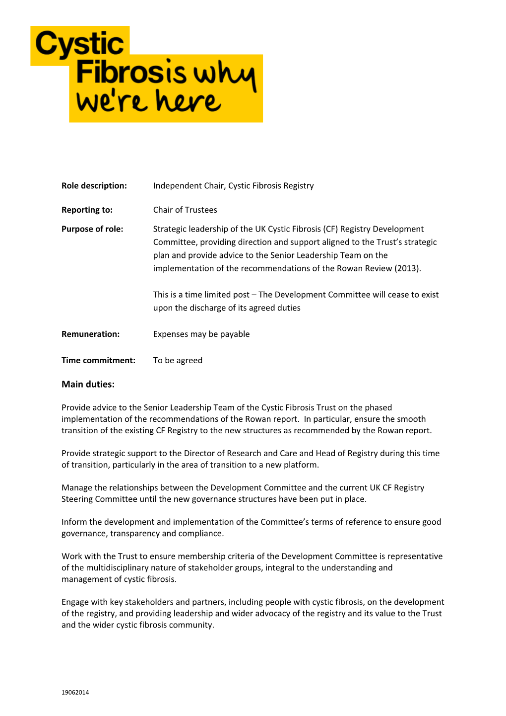 Role Description: Independent Chair, Cystic Fibrosis Registry