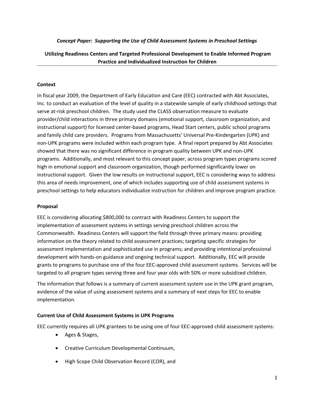 Concept Paper: Supporting the Use of Child Assessment Systems in Preschool Settings