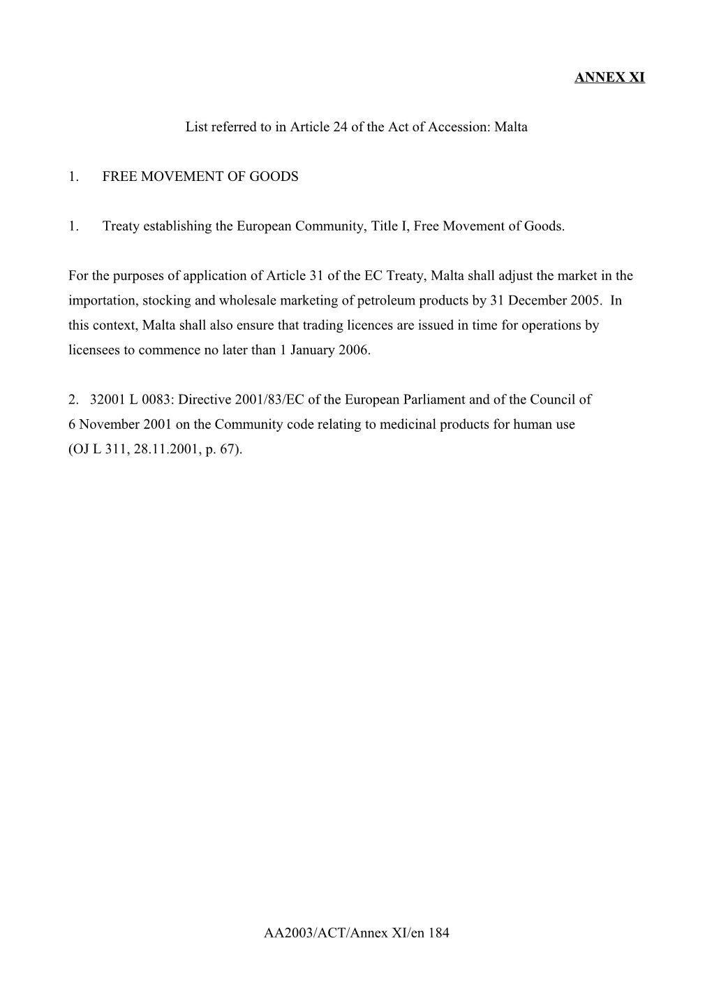 List Referred to in Article 24 of the Act of Accession: Malta
