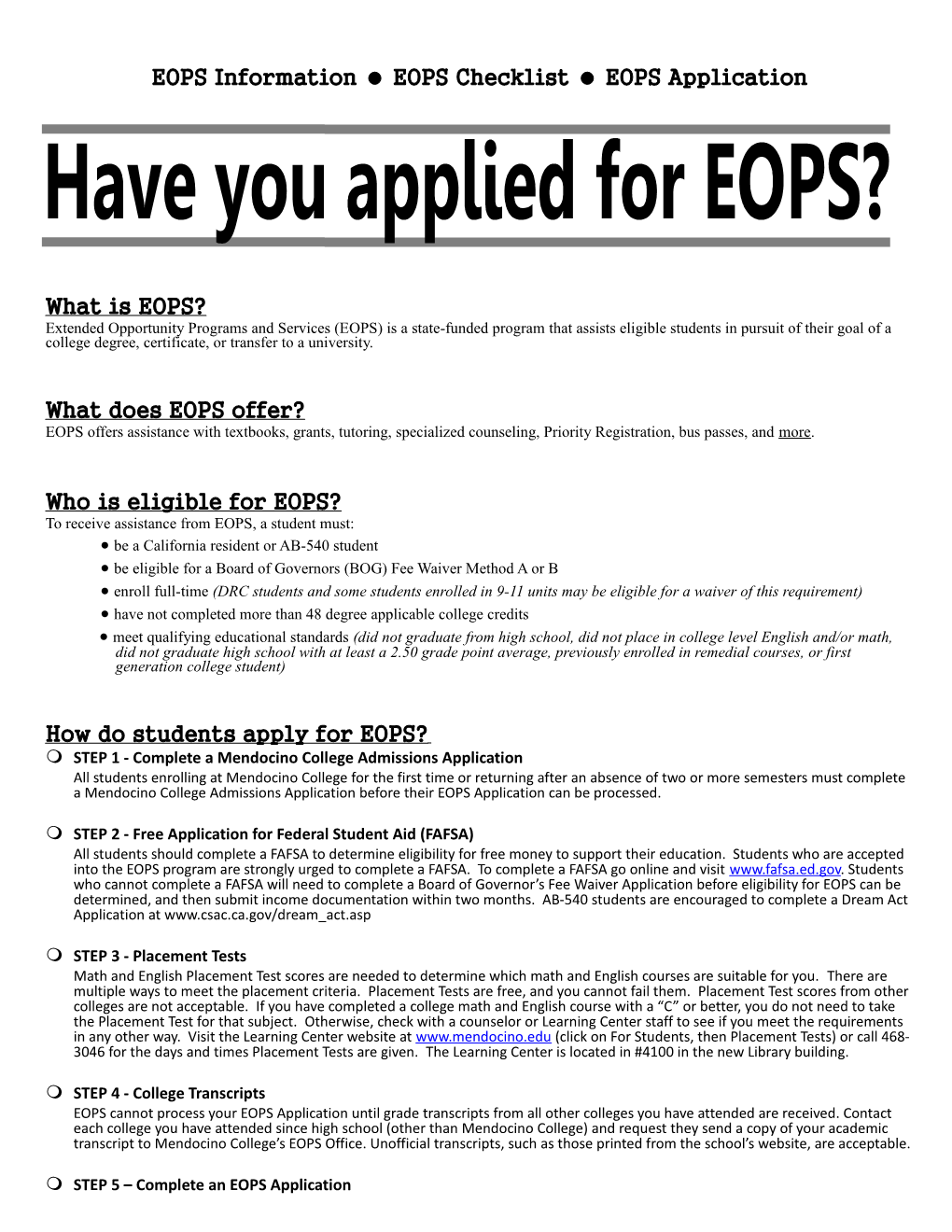 EOPS Information EOPS Checklist EOPS Application