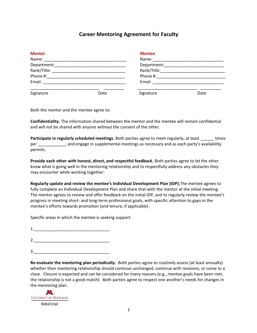 Career Mentoring Agreement for Faculty