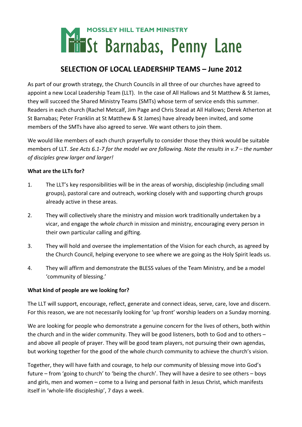 SELECTION of LOCAL LEADERSHIP TEAMS June 2012