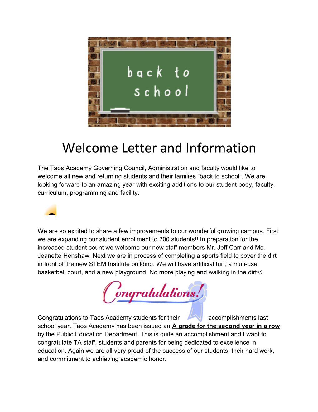 Welcome Letter and Information