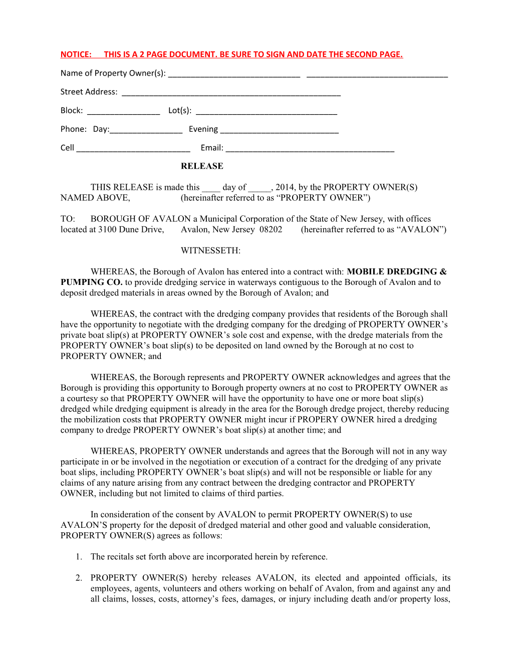 Notice: This Is a 2 Page Document. Be Sure to Sign and Date the Second Page