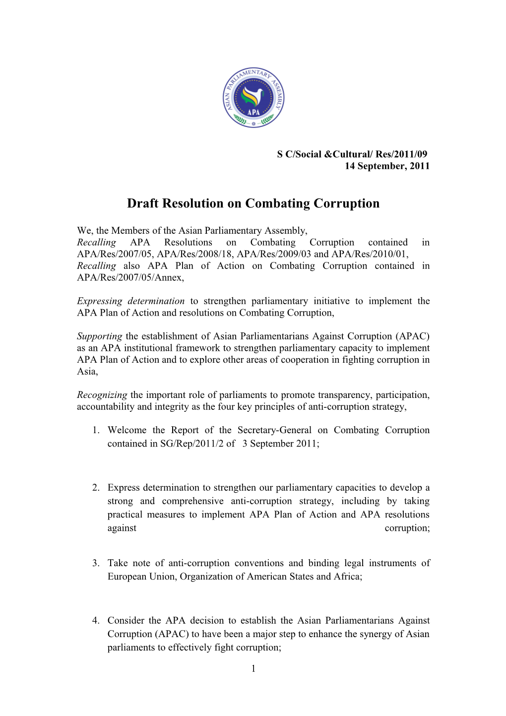 Draft Resolution on Combating Corruption