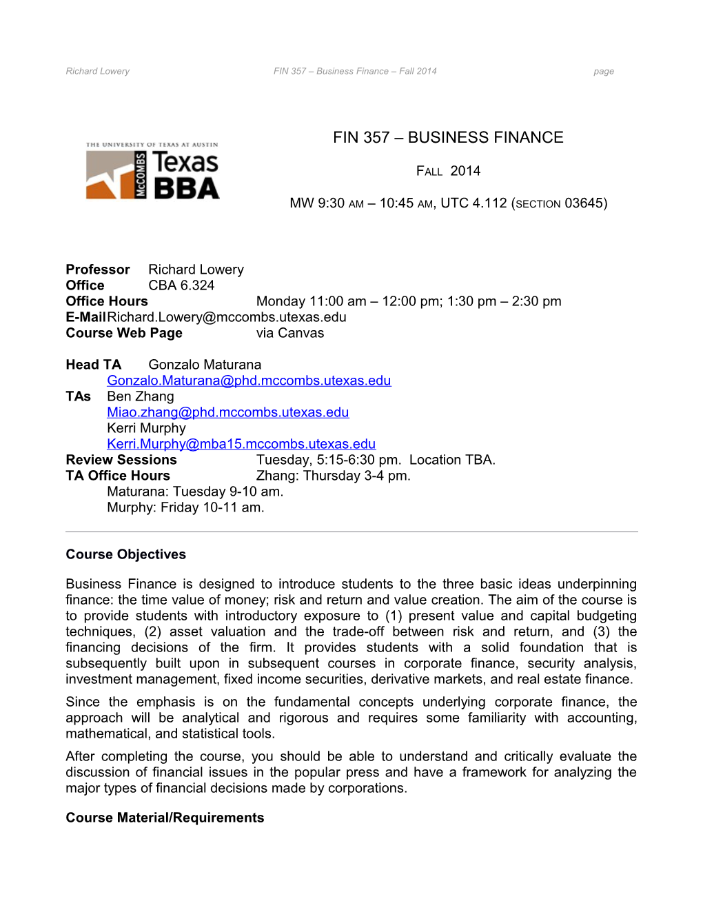 FIN 357 - Business Finance - R Lowery
