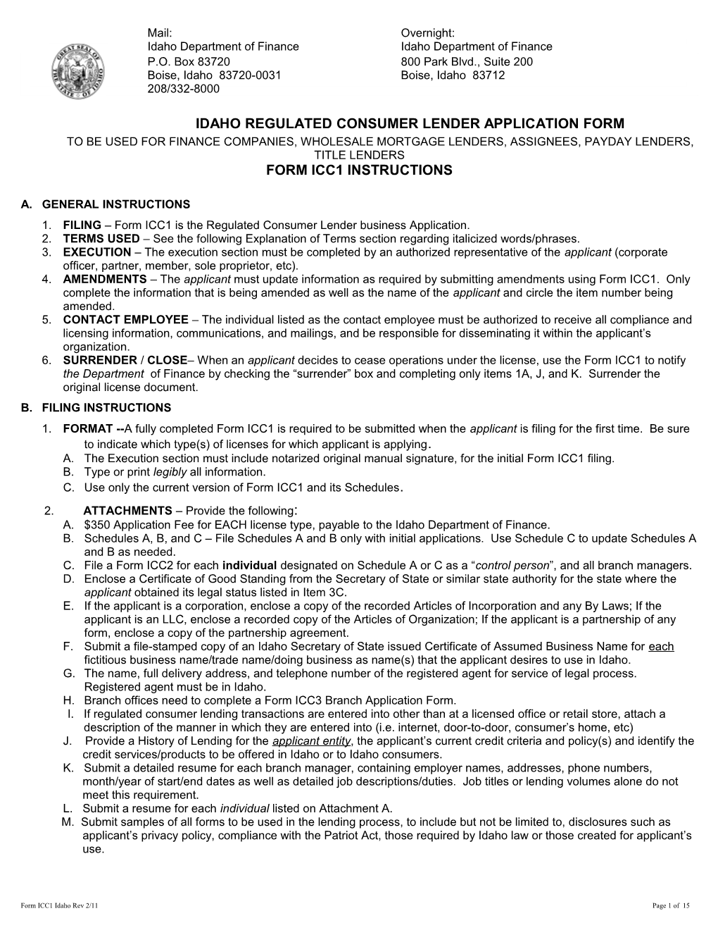 Idaho Regulated Consumer Lender Application Form