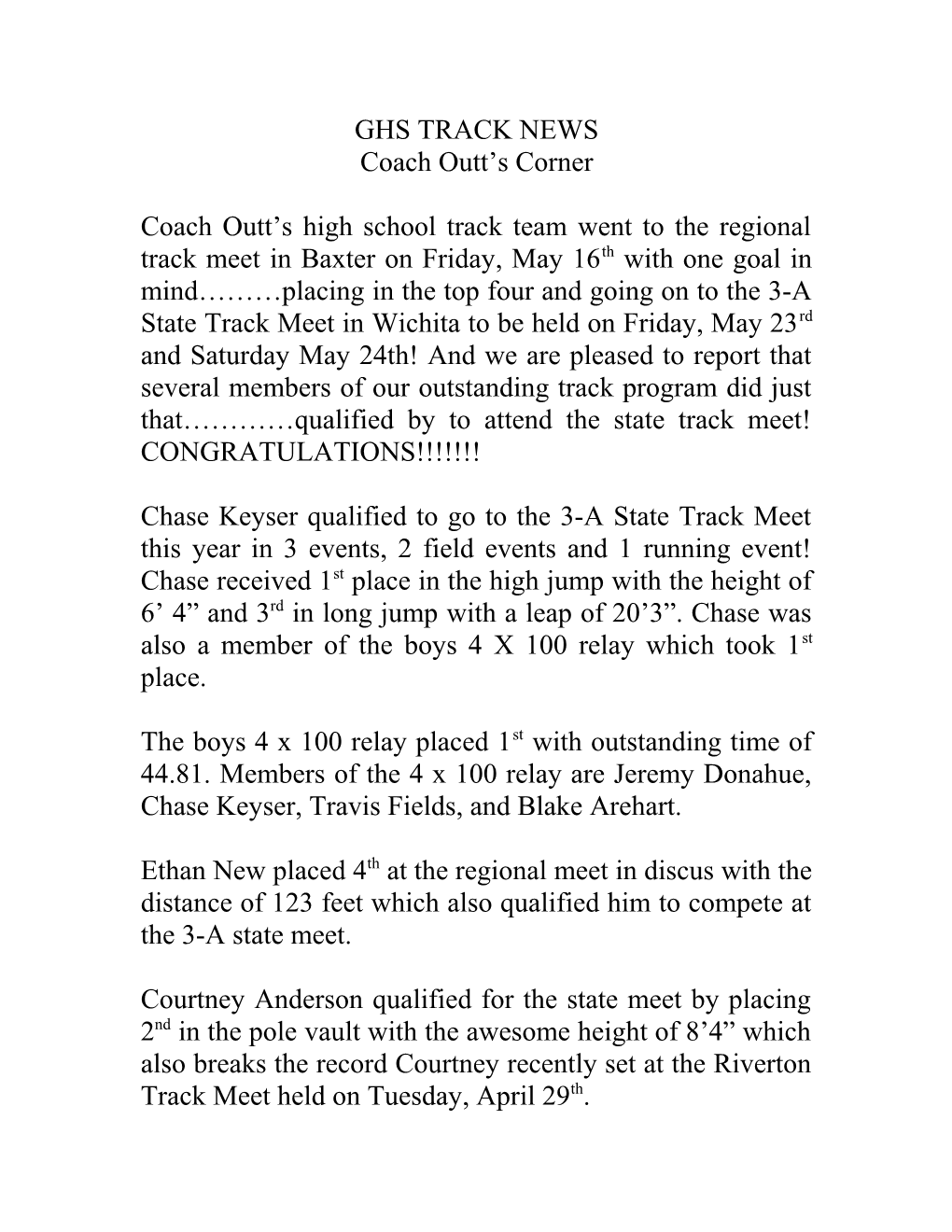 Ghs Track News