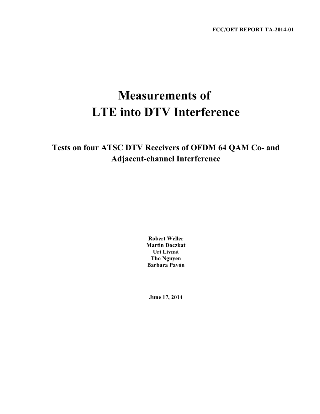 Report TA-2014-01Measurements of LTE to DTV Interference