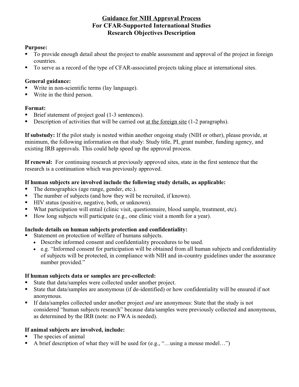 Guidance for NIH Approval Process for CFAR-Supported International Studies Research Objectives