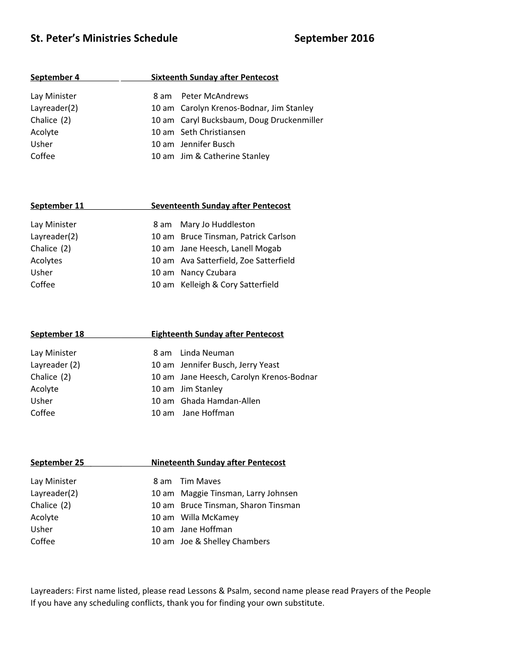 St. Peter S Ministries Schedule September 2016