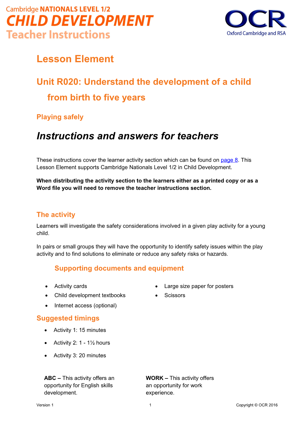 Cambridge Nationals in Child Development Unit R020 Lesson Element