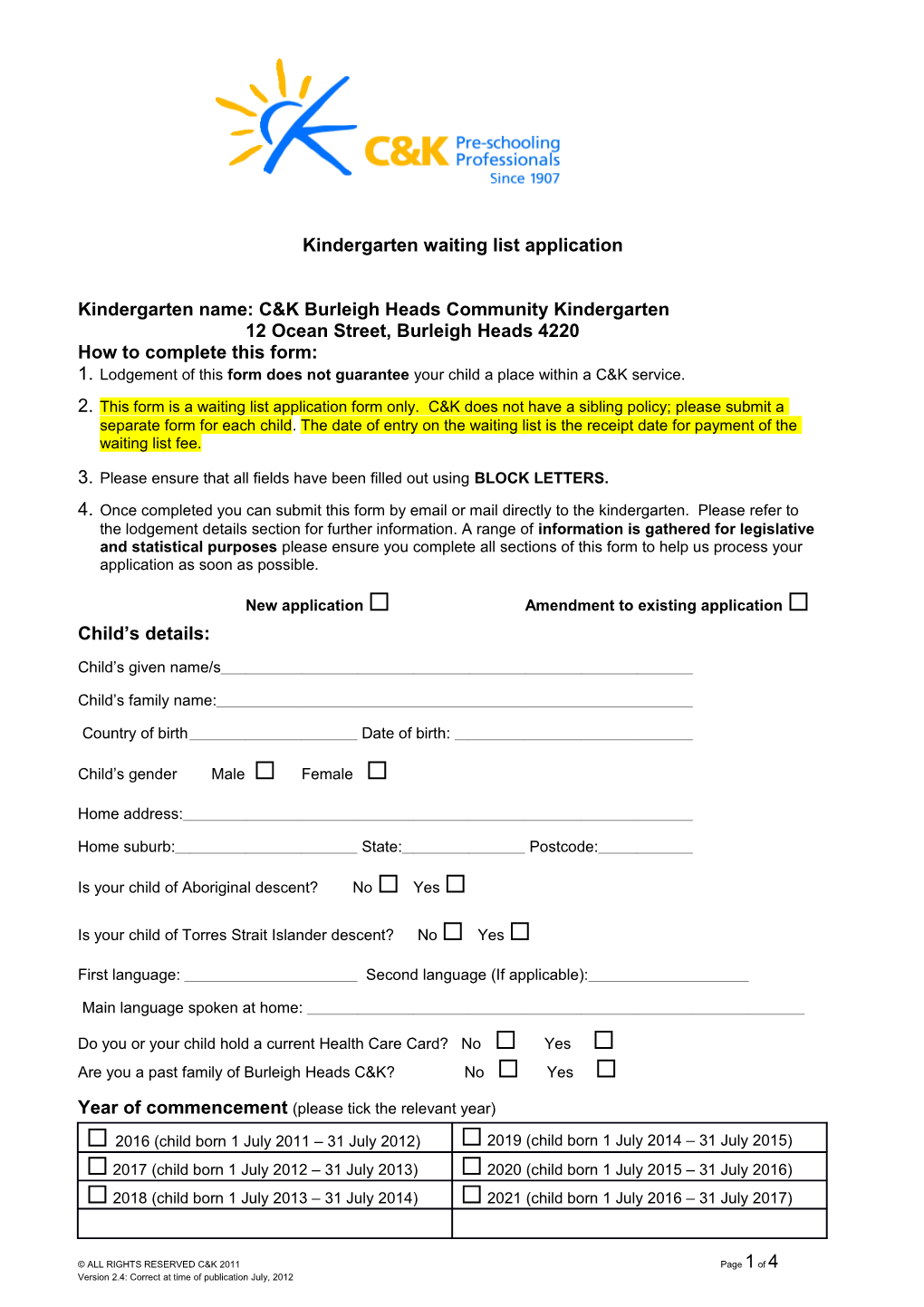 Kindergarten Waiting List Application