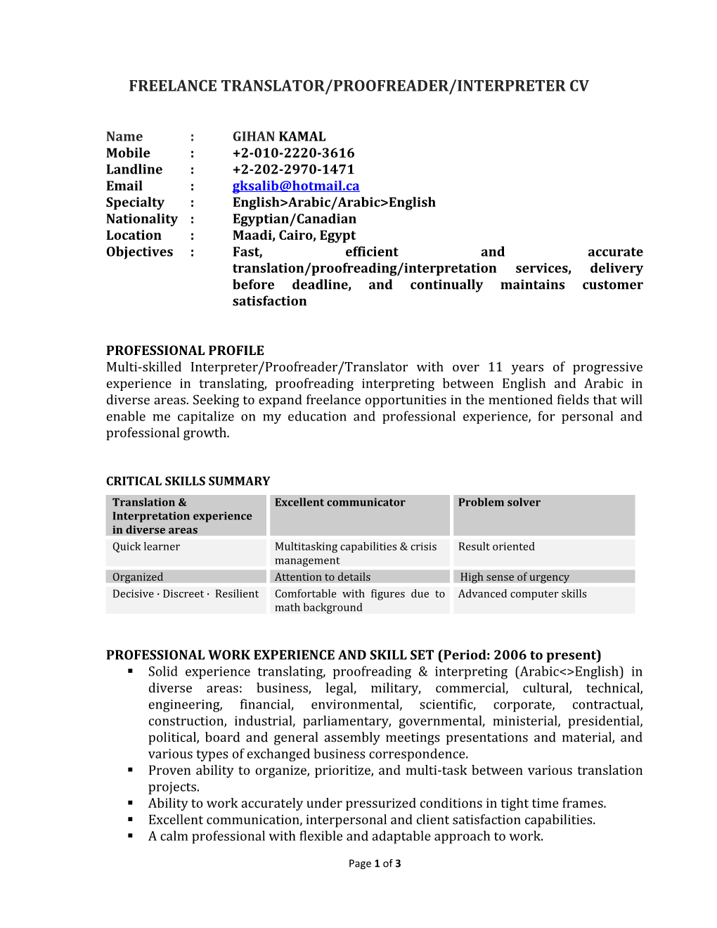 Freelance Translator/Proofreader/Interpreter Cv