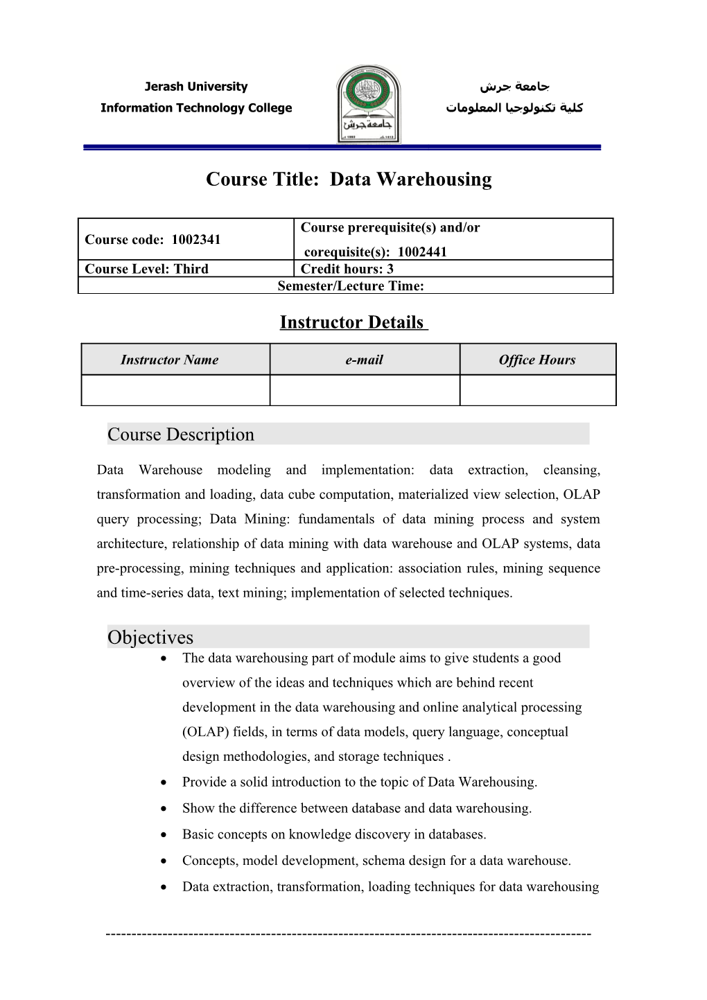 Course Title:Data Warehousing