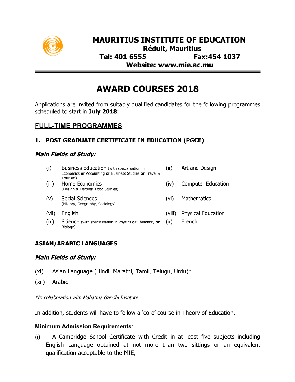 Award Courses 2018