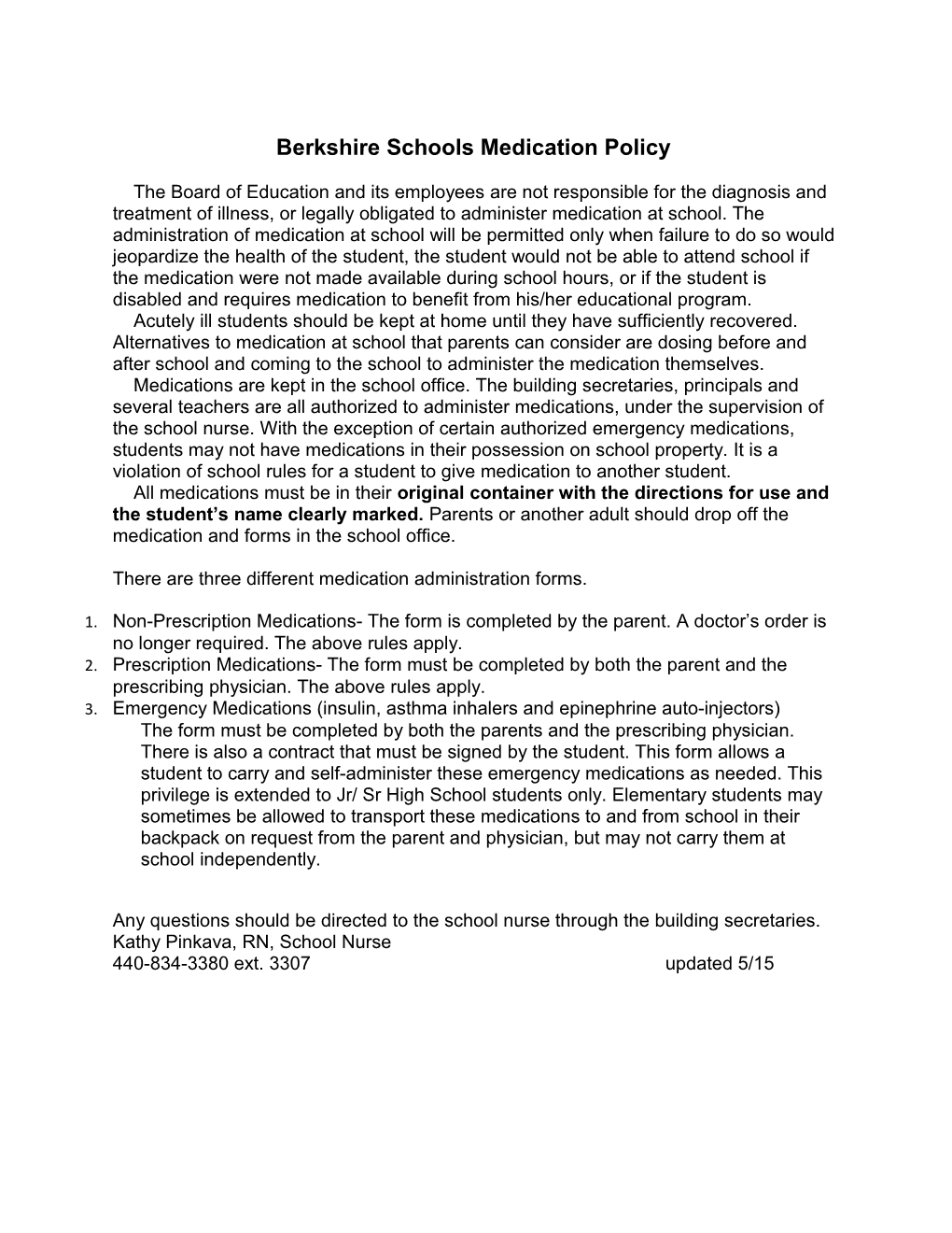Berkshire Schools Medication Policy
