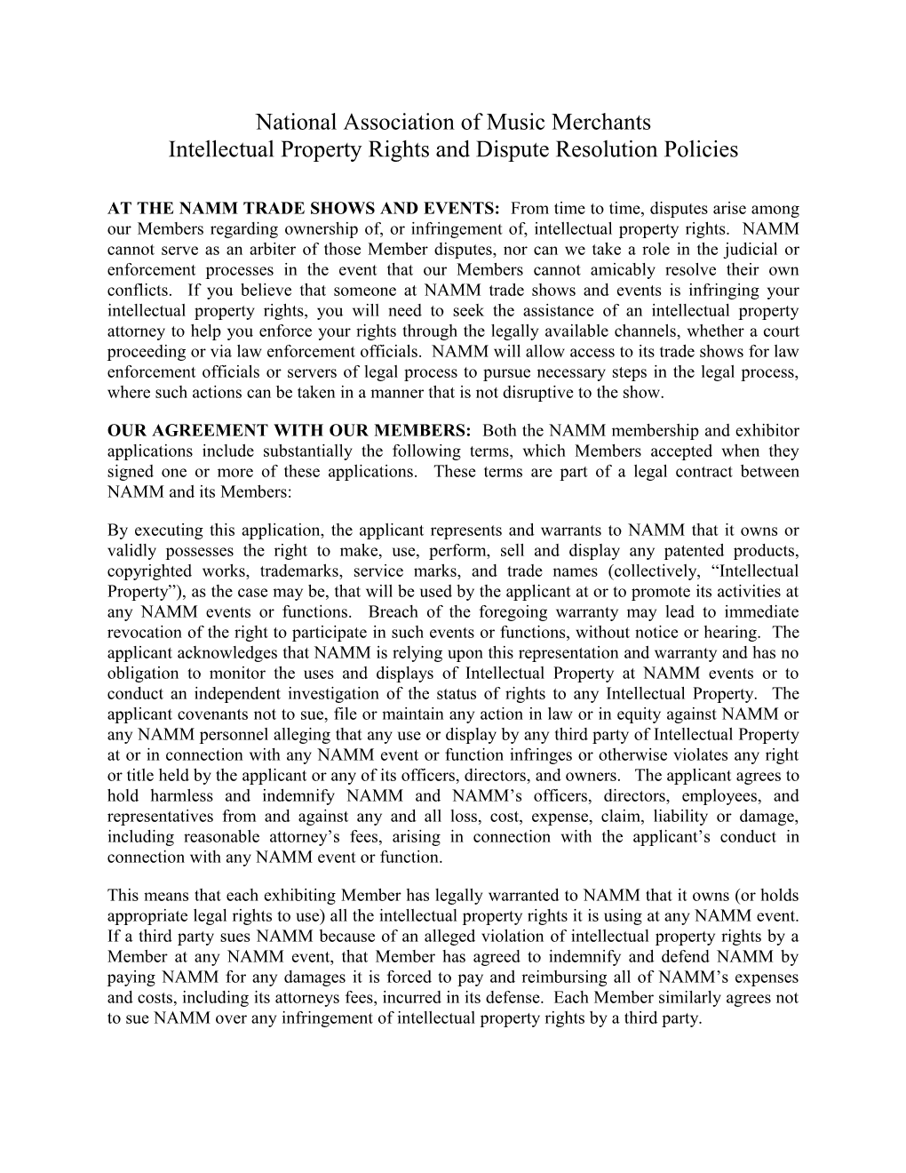 National Association of Music Merchants Intellectual Property Rights and Dispute Resolution