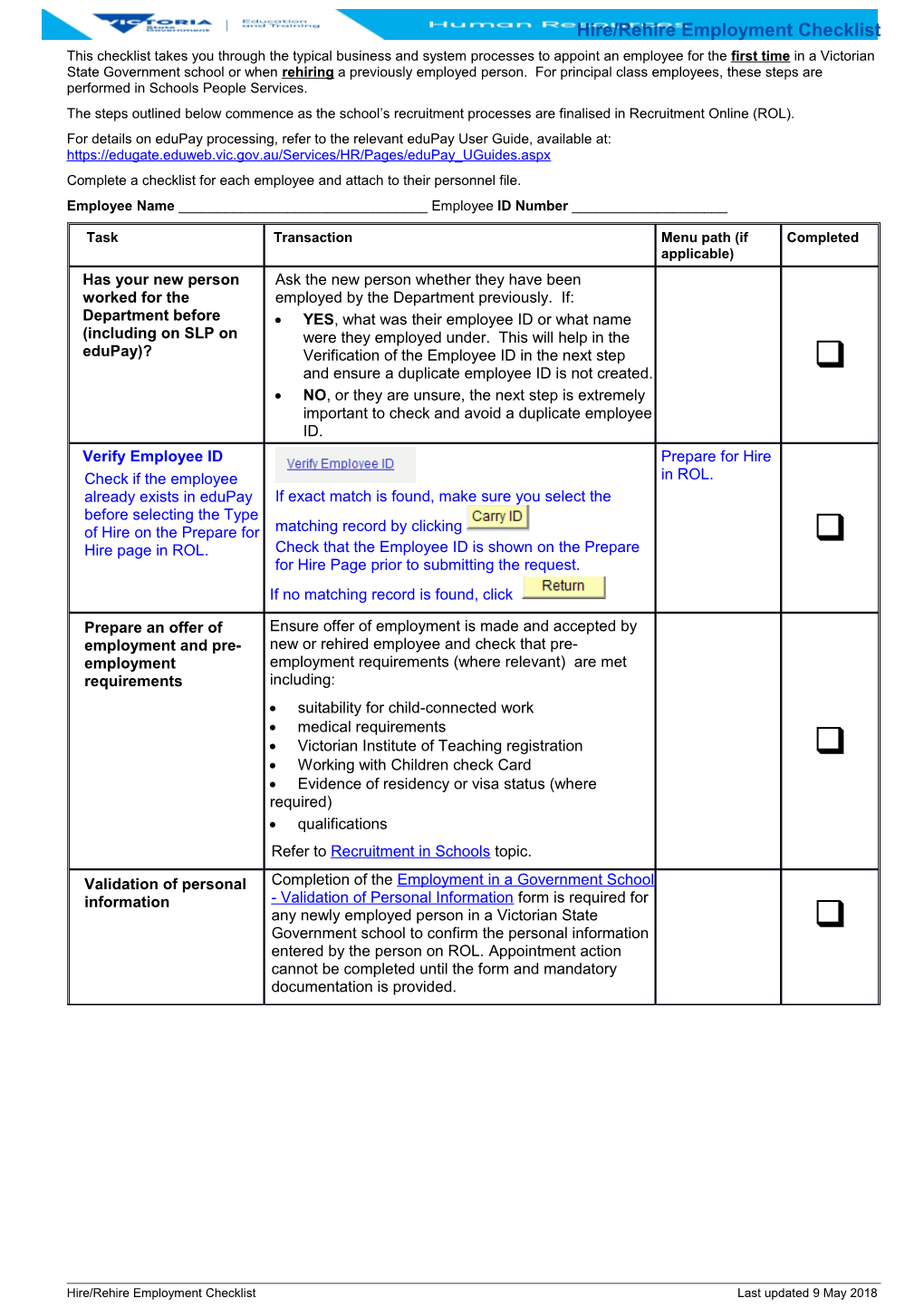 Edupay Hire/Rehire Employment Checklist